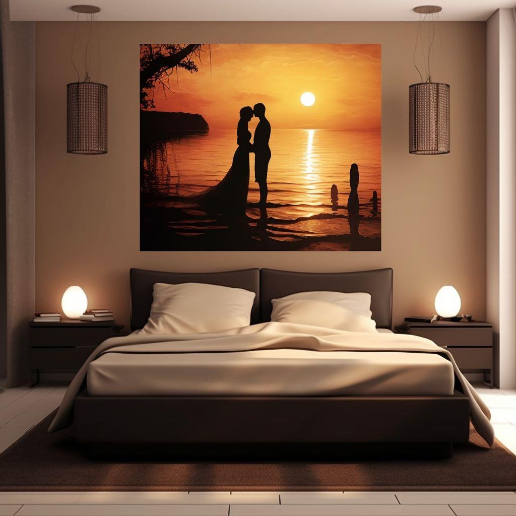 Картина с влюбленной парой в интерьере спальни