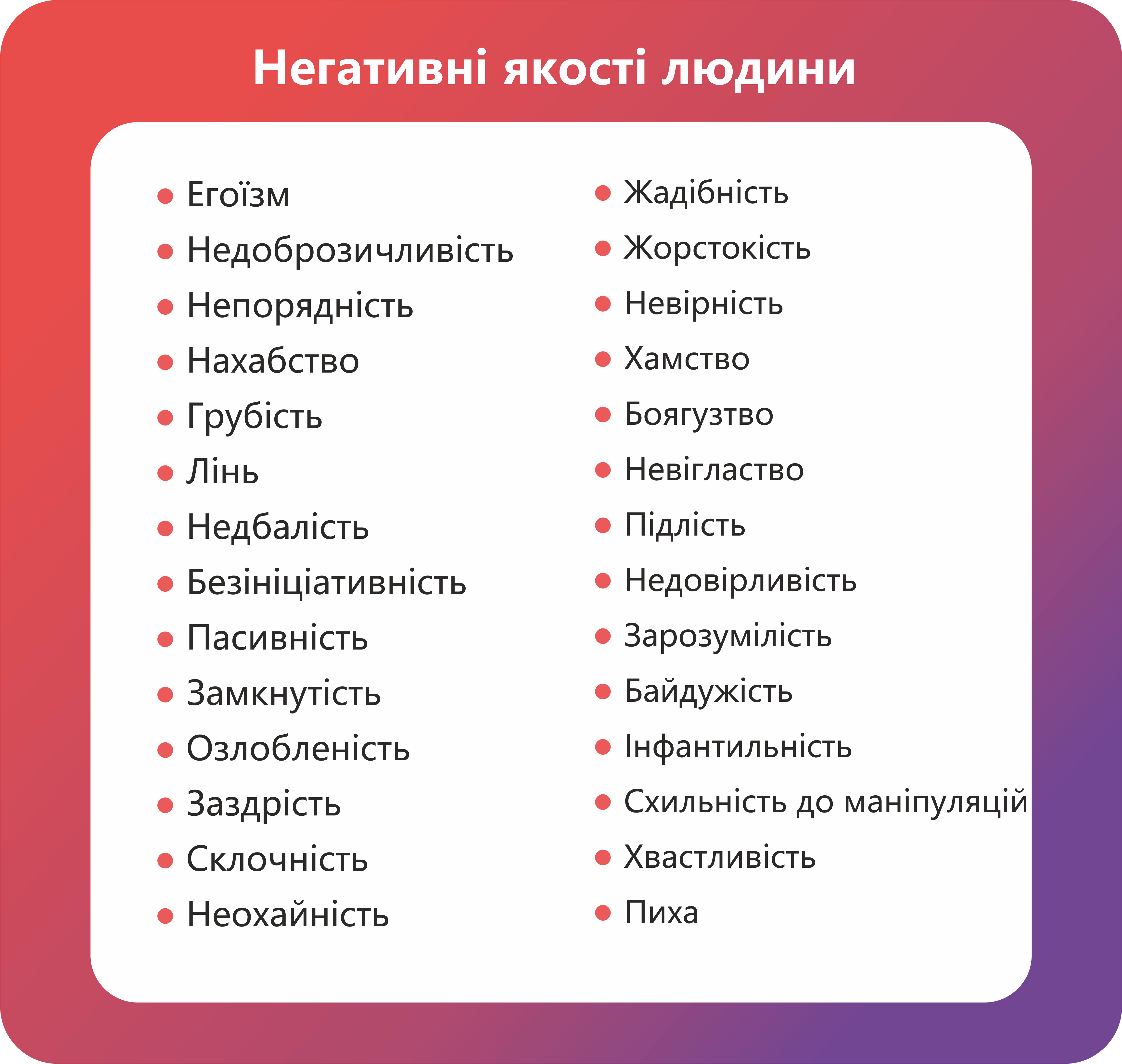 Людські якості. Список позитивних та негативних якостей людини